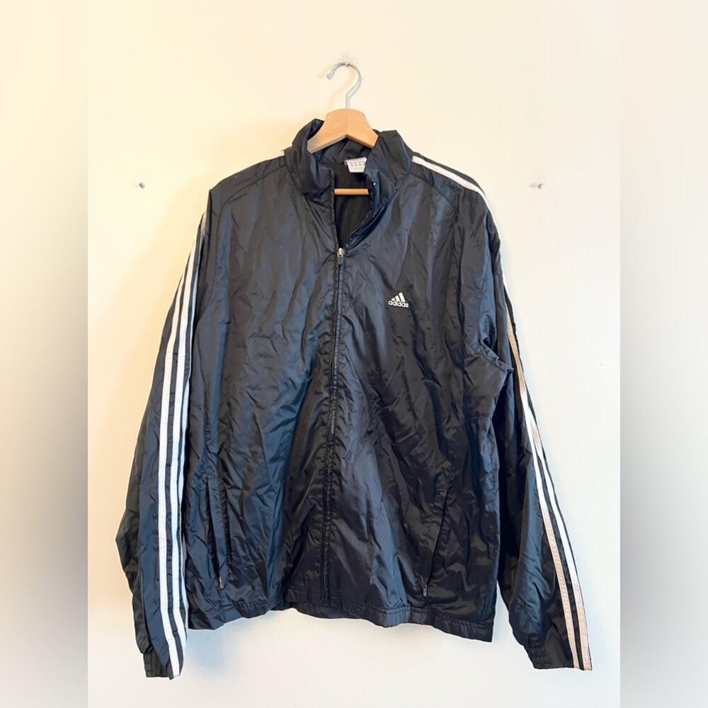 Adidas nylon zip up jacket unisex mens black white stripe samba streetwear